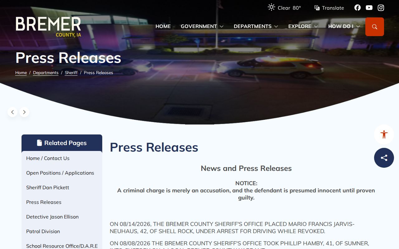 Bremer County Sheriff recent arrest activity and press release log