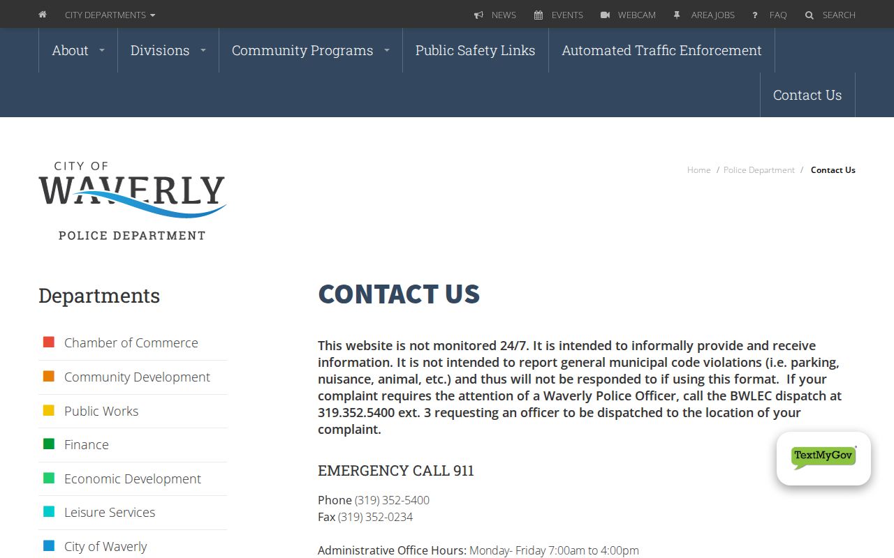 Waverly Police arrest records contact page in Bremer County
